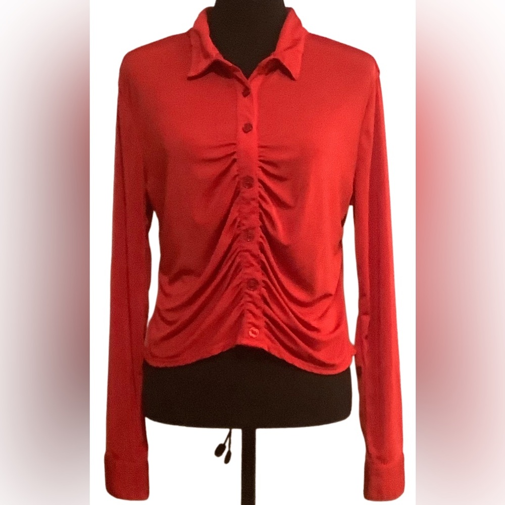 No Boundaries Red Ruched Long Sleeve Polo Button Down Shirt